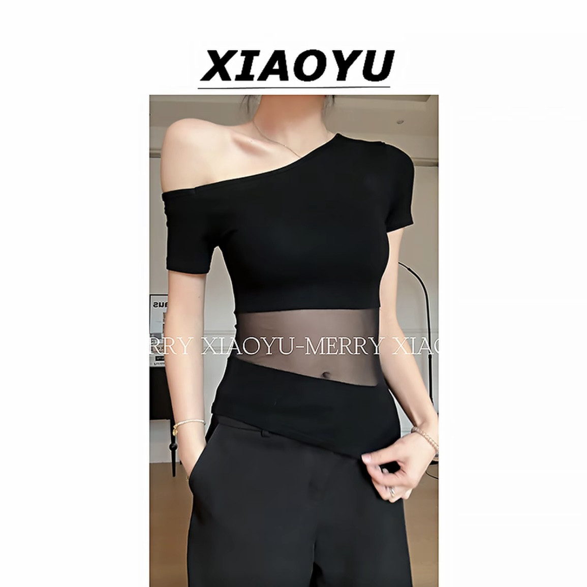 小鱼【性感纯欲】辣妹设计感网纱拼接透视短袖T恤女露肩气质上衣