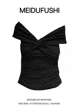 【DIDI】夏季黑色复古烫钻一字肩休闲显瘦短袖T恤显瘦纯欲女上衣