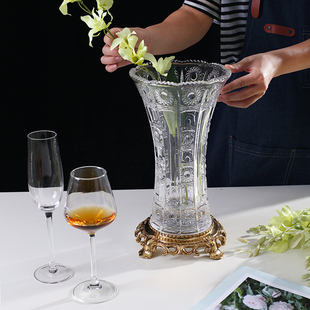 水晶配铜花瓶水培鲜花瓶子插花欧式玄关桌面装饰轻奢室内家居摆设