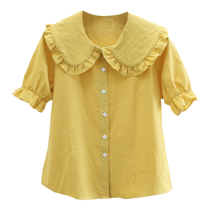 宽松显瘦简约衬衣洋气纯棉学生娃娃领上衣 大码 白色衬衫 女夏短袖