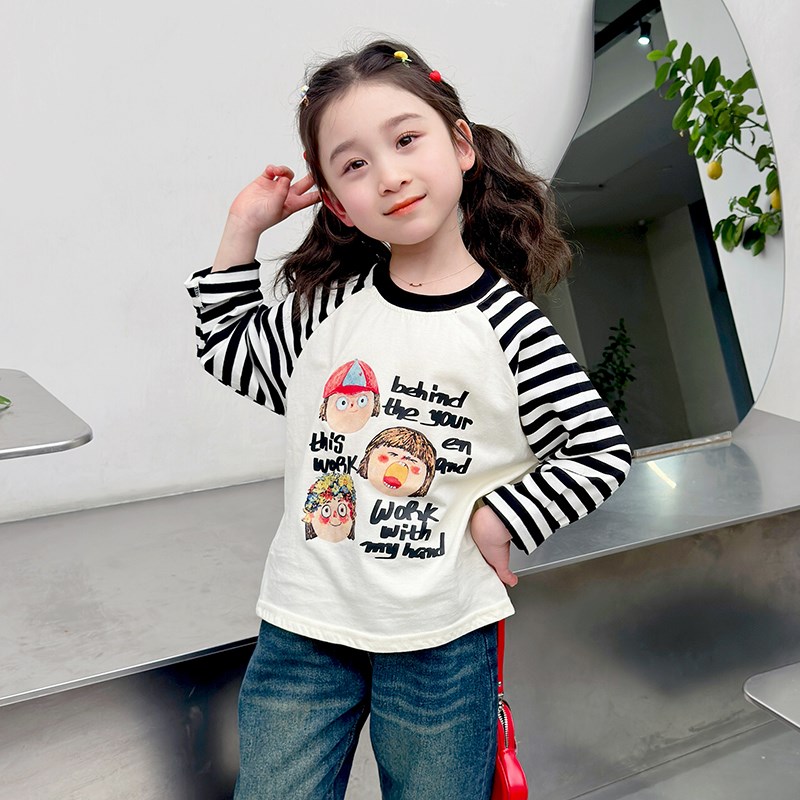 女童条纹T恤纯棉2024新款儿童休闲打底衫春秋女宝宝卡通上衣春装t