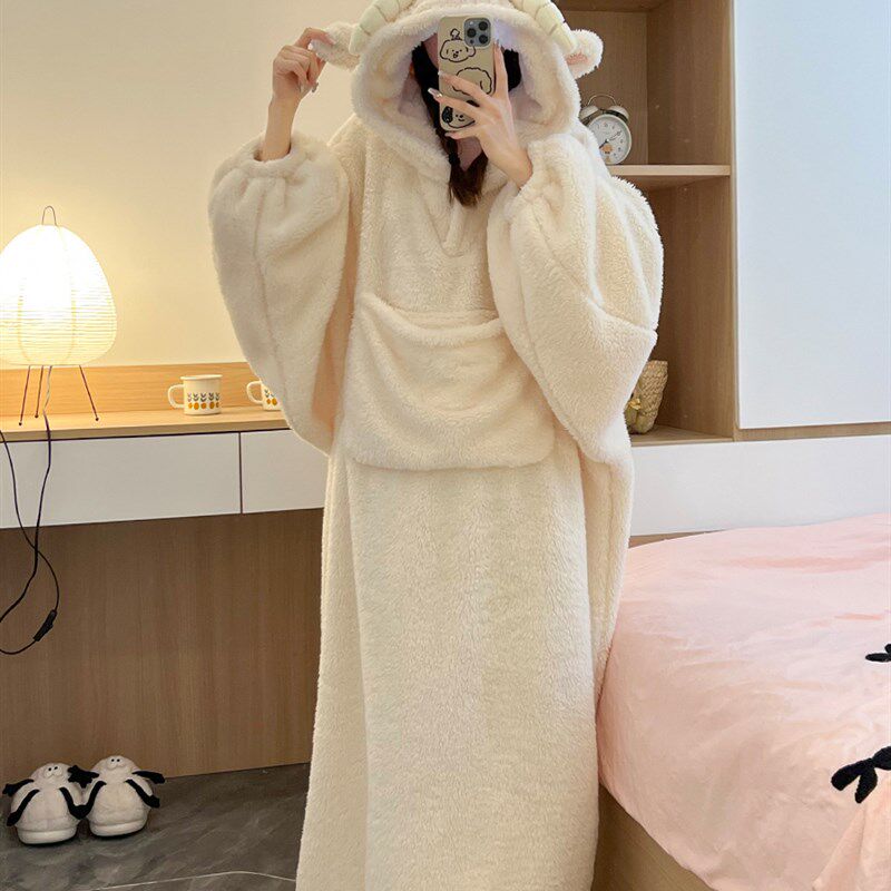 小羊连帽珊瑚绒睡衣女款冬季加绒加厚毛绒绒睡袍家居服睡裙冬外穿