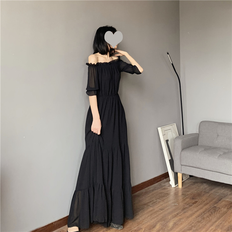 锁骨一字肩连衣裙夏 木耳边收腰及踝礼服 露肩高个子雪纺拖地长裙