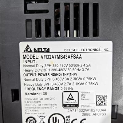 台达变频器VFD2A7MS43AFSAA，1HP，三相380