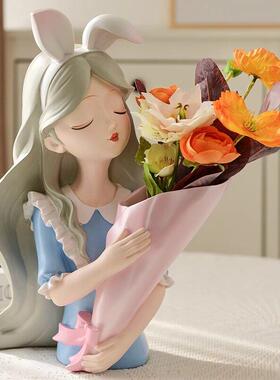 鲸鸿北欧捧花女孩花瓶摆件创意客厅餐桌玄关电视柜家居插花装饰