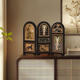 中古风桌面小屏风摆件高级感小众客厅电视柜家居装饰入户玄关摆画