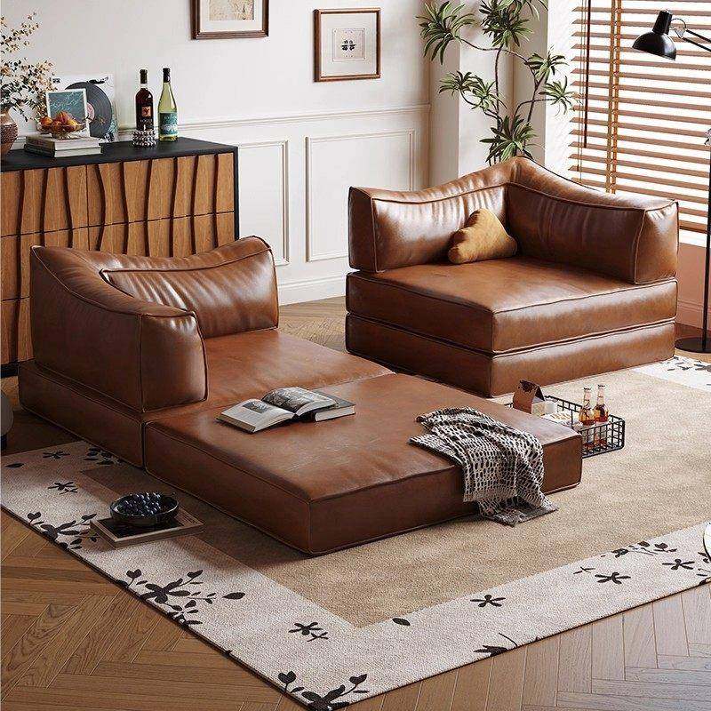 复古风可折叠油蜡皮模块沙发小户型客厅榻榻米两用布丁沙发床组合