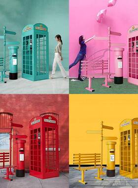 红电话亭属英伦风金子落95843地摆件邮筒路色牌套亭装组合美陈影
