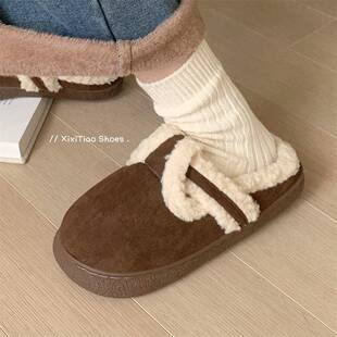 细细条 冬季加绒保暖外穿棉鞋毛毛拖鞋女韩版时尚复古新款勃肯鞋