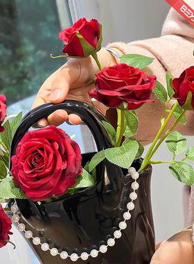 色玫瑰花手假14658提篮仿真花摆花设高级红感逼真干花客厅餐桌装