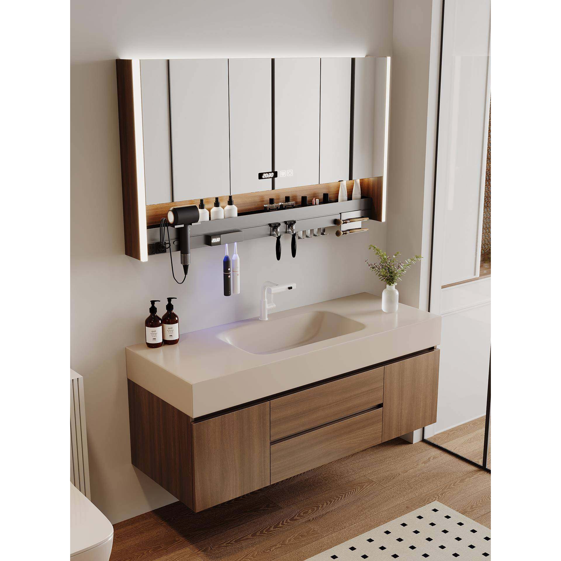 中古风胡桃木岩板热弯一体盆浴室柜组合洗手洗脸盆柜卫生间洗漱台