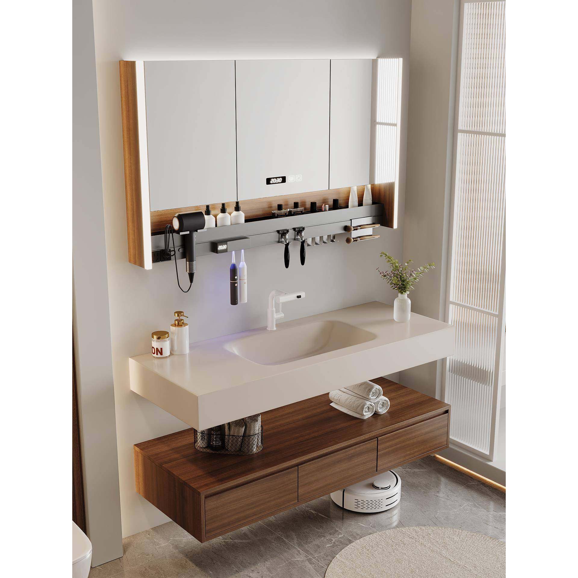 中古风胡桃木双层岩板热弯一体盆浴室柜组合卫生间洗手洗脸洗漱台