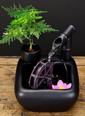 小水车水轮摆件环水鱼竹子陶64508瓷流水风器玄关办循公桌招缸财