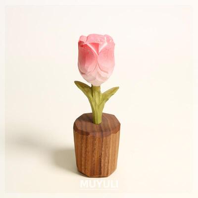 木42650木质手工木头雕玫瑰花装饰摆生件粉玫瑰花生日礼物女新礼