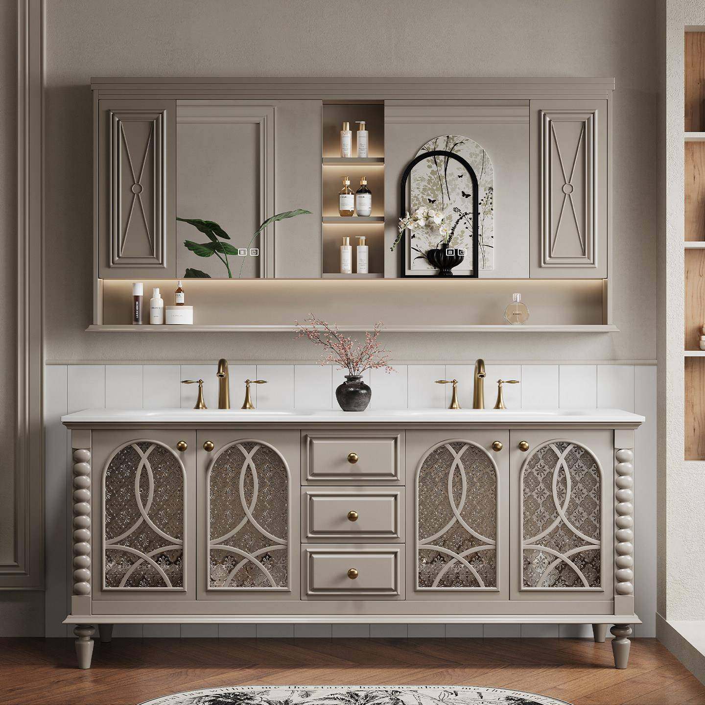 法式复古落地式浴室柜组合卫生间橡木洗漱台洗手盆柜卫浴双盆定制