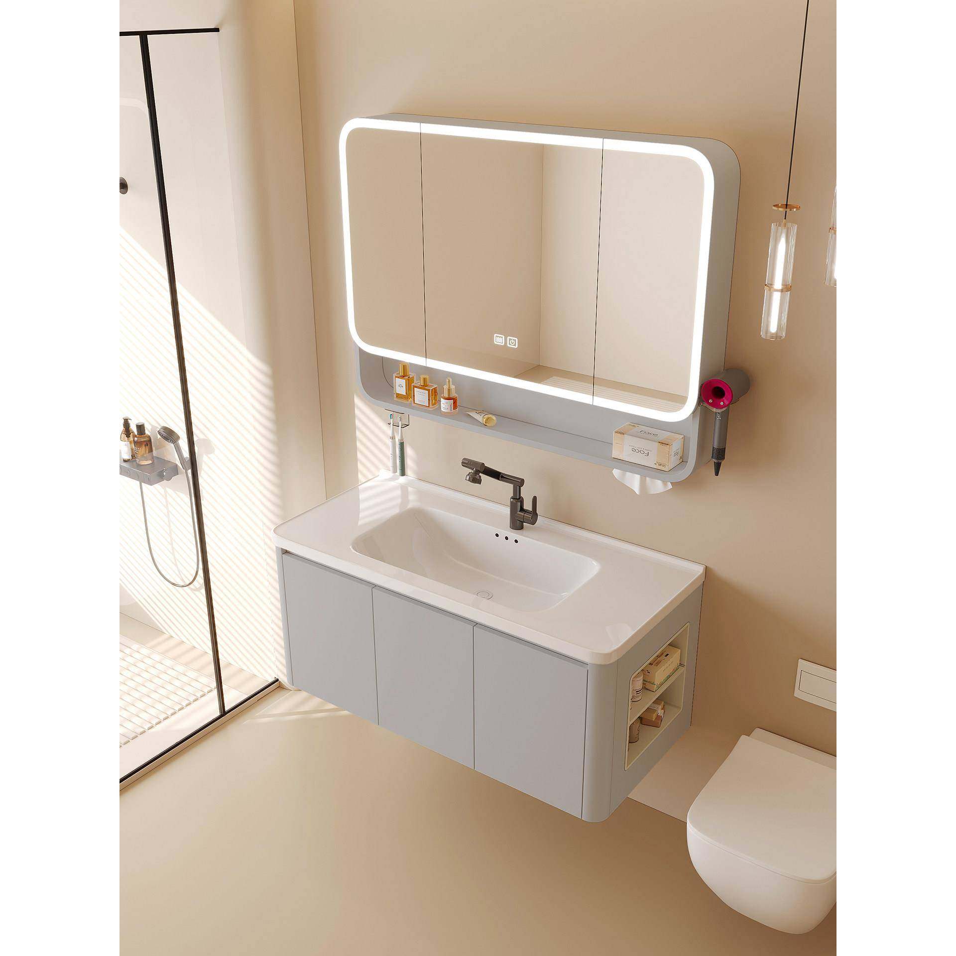 奶油风蜂窝铝浴室柜组合卫生间陶瓷一体洗脸盆洗手池洗漱台带侧柜
