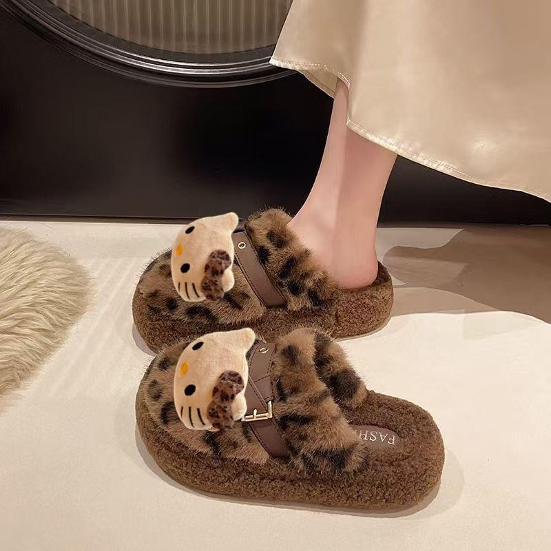 豹纹棉拖鞋女2025新款秋冬季可爱室内居家用防滑包头毛毛拖鞋女士