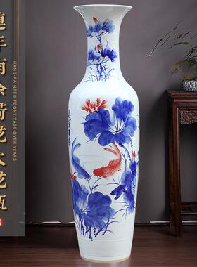 景德镇陶瓷地花大落花瓶手绘青花连71640有余年荷别墅酒店开业装