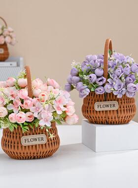 仿真花花竹编小花篮手提假花桌婚庆花艺餐桌插花摆客94094厅面装