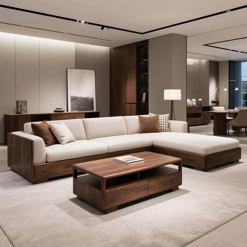 新中式沙发实木转角真皮沙发组合北美黑胡桃木宋式美学客厅样板房