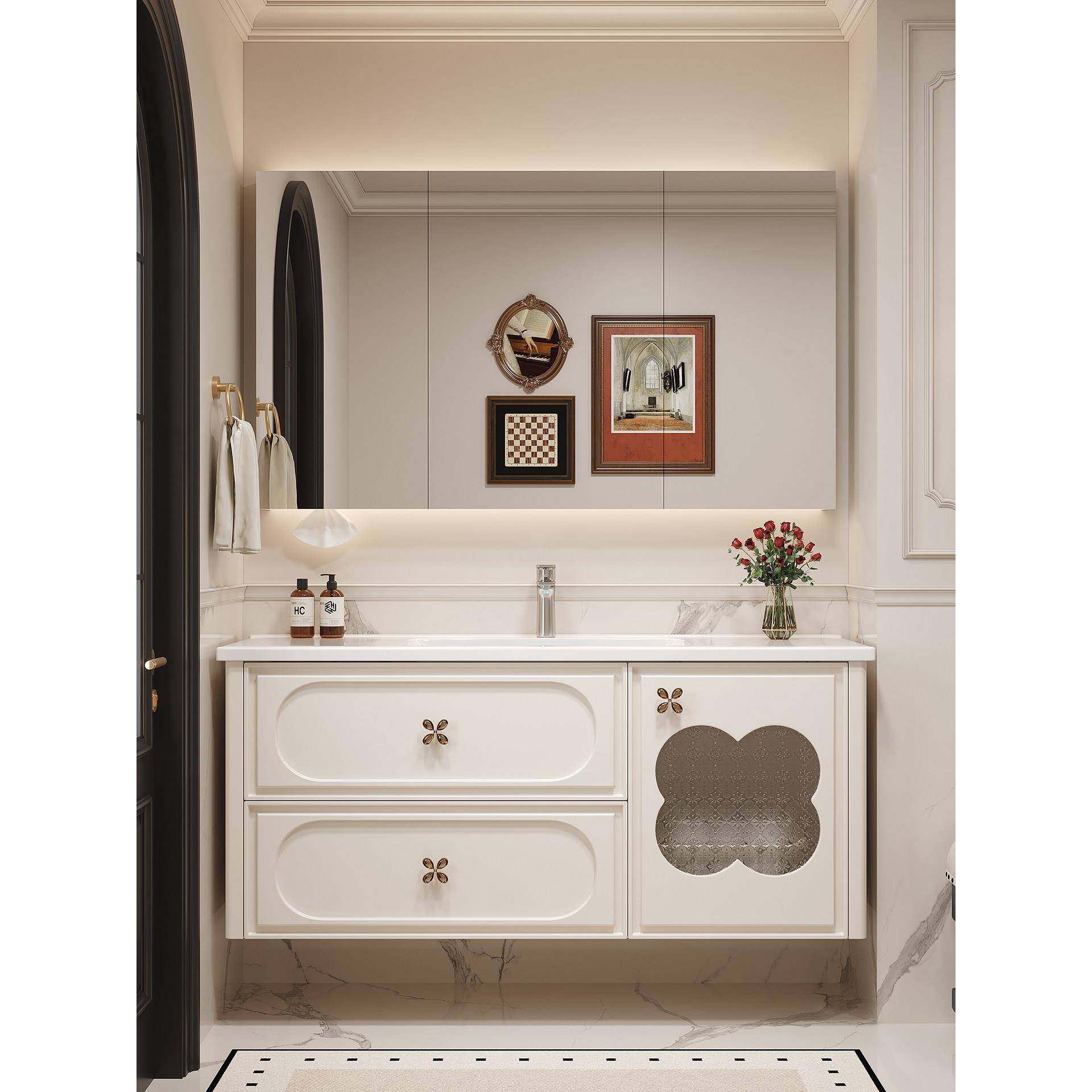 法式奶油风浴室柜陶瓷一体盆卫浴柜洗漱台卫生间洗脸池洗手台盆柜