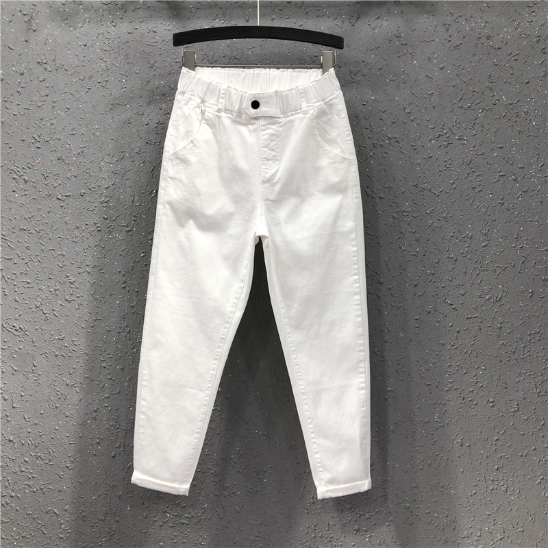 白色裤子牛仔裤女士春季新款宽松显瘦松紧腰九分小脚哈伦女款裤子