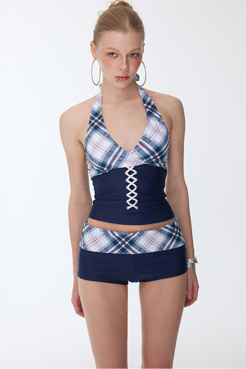 thumbnail for SHUSHUSWIM blue nautical plaid retro hot girl sexy small breasts slimming hot spring vacation split swimsuit girl