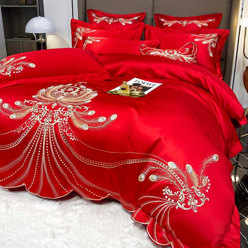 高档结婚床上用品四件套婚庆大红色全棉纯棉床单高级感刺绣被套