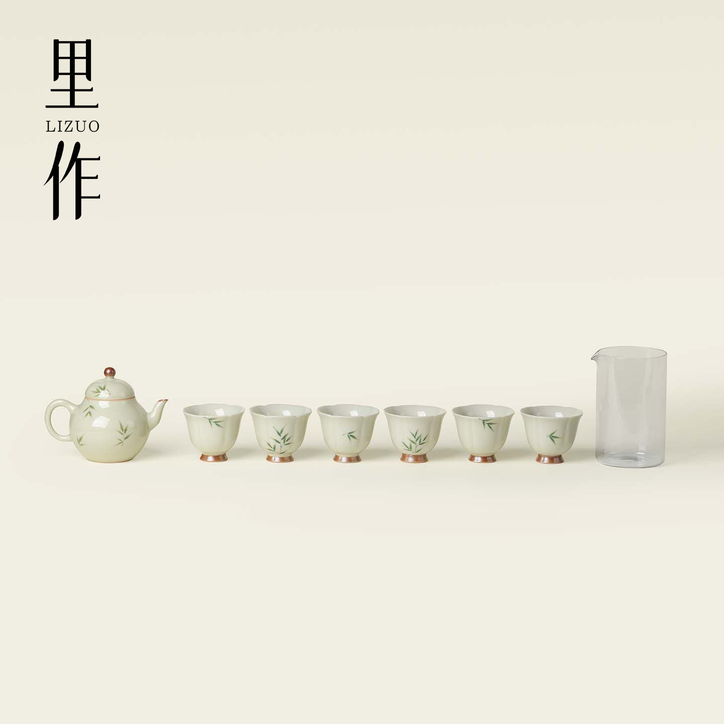 里作 新中式手绘青竹功夫茶具小套组秘青一壶六杯玻璃公杯泡茶器