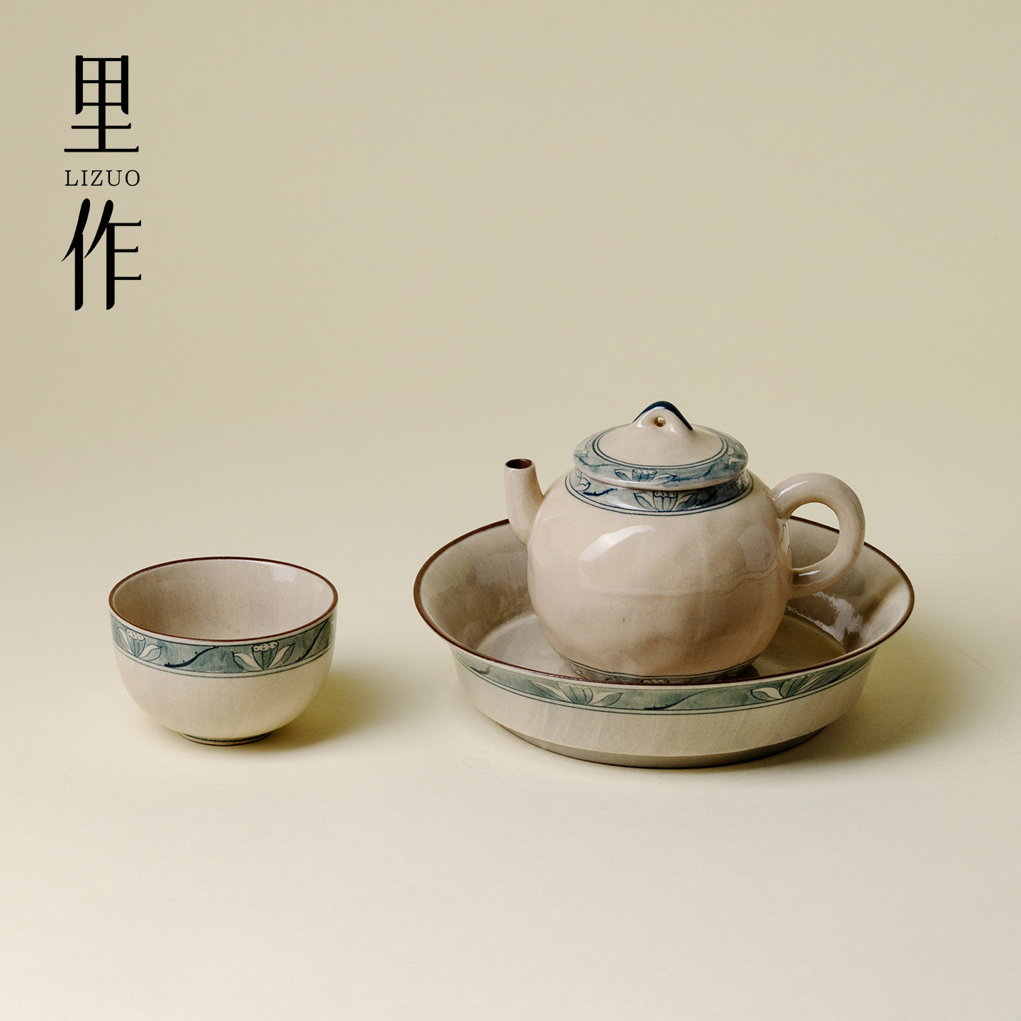 里作 粗陶粉引青花手绘功夫茶具创意复古手工茶壶盖碗茶杯品茗杯