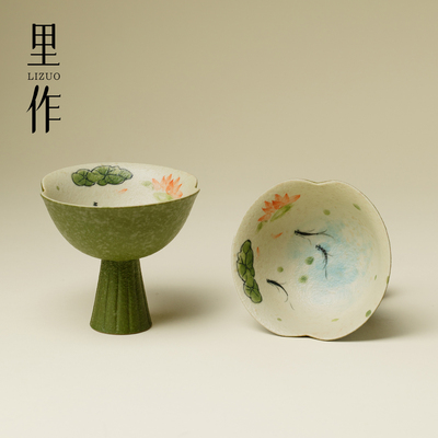 里作 火石红手绘荷鱼高足茶杯陶瓷高脚品苕杯中式功夫茶具主人杯