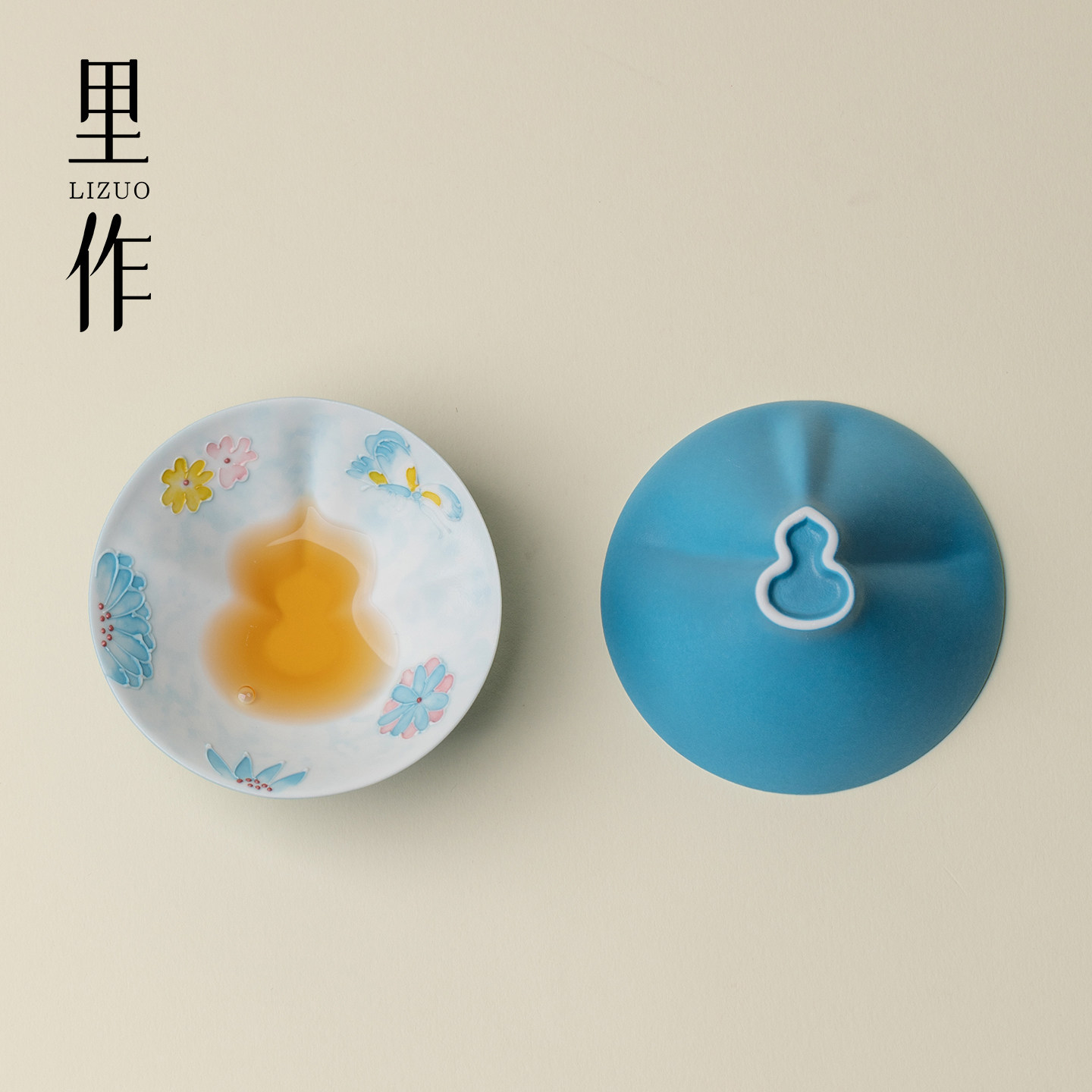 里作小清新陶瓷茶杯手绘蓝蝶栖春福禄乾坤杯家用创意主人杯品茗杯