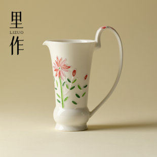 有田烧粉彩雏菊手绘公道杯日式 里作 创意高端带把分茶器高端茶海