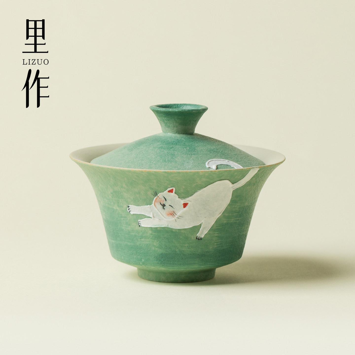 里作云青猫憩二才盖碗小清新陶瓷手绘泡茶碗家用高颜值茶具沏茶碗图片