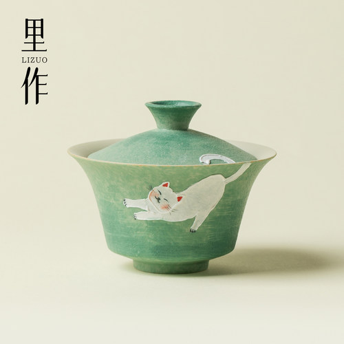 里作云青猫憩二才盖碗小清新陶瓷手绘泡茶碗家用高颜值茶具沏茶碗