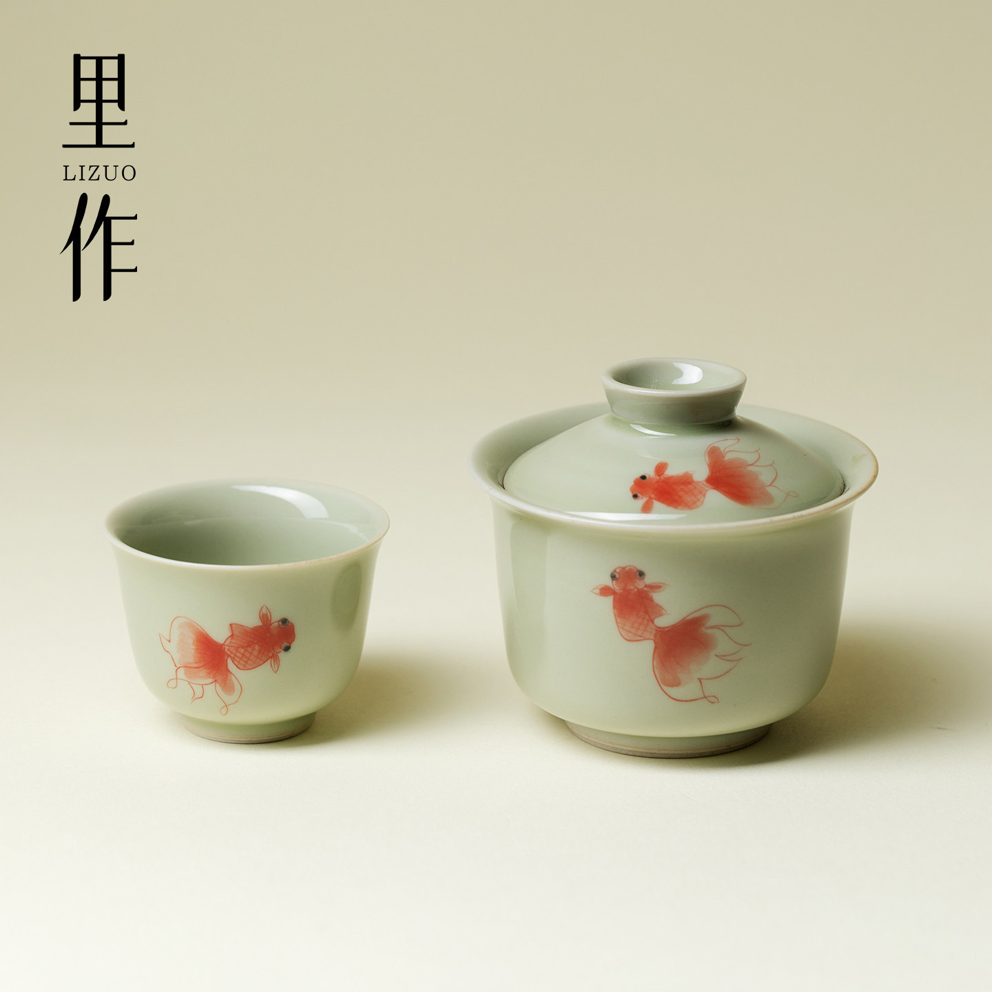 里作纯手绘锦鲤盖碗茶杯套装景德镇陶瓷功夫茶具家用泡茶碗品茗杯