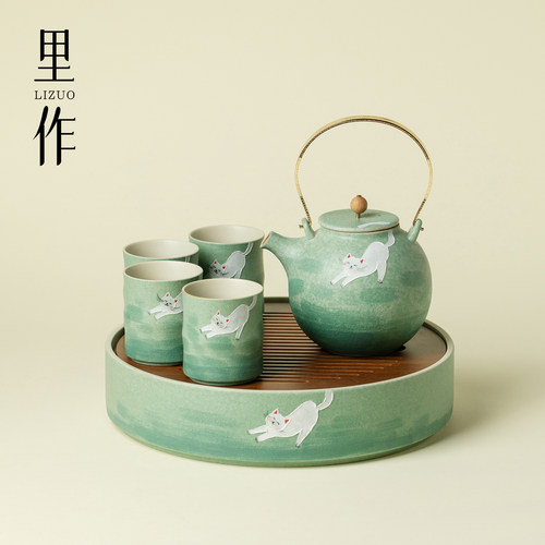 里作云青猫憩提梁壶一壶四杯茶盘套装高颜值家用陶瓷功夫茶具小套