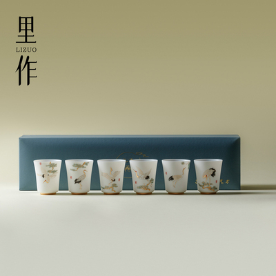 里作手绘立体仙鹤甜白釉茶杯瑞鹤图品茗杯陶瓷功夫茶具主人杯单杯