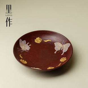 里作纯手工雕刻壶承高级感茶道配件百蝶干泡盘中式复古茶台茶托盘