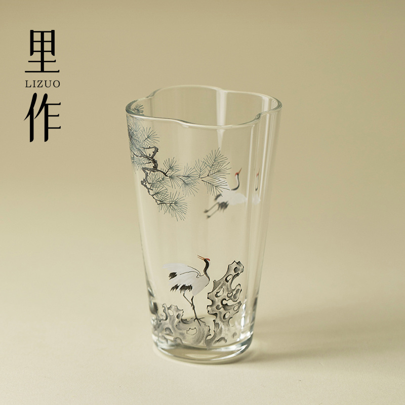 里作 墨彩松鹤玻璃花口茶杯透明绿品茗杯新中式主人杯透明品茗杯