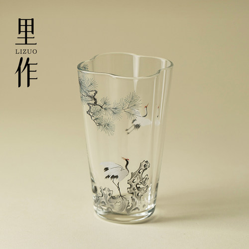 里作 墨彩松鹤玻璃花口茶杯透明绿品茗杯新中式主人杯透明品茗杯
