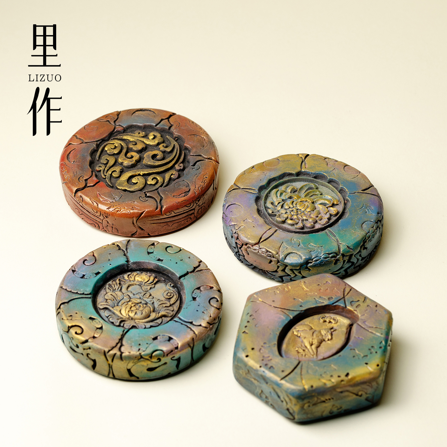 山几由 鎏金雕刻手工茶盖置景德镇小众陶瓷茶壶盖托创意手绘茶具