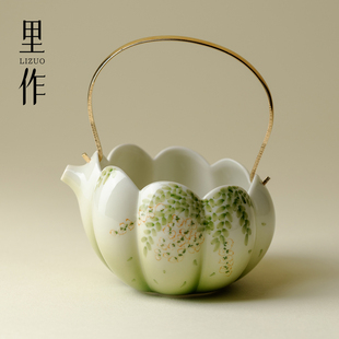 渐变绿手绘紫藤提梁公道杯高颜值精致茶海高端铜把手分茶器 里作