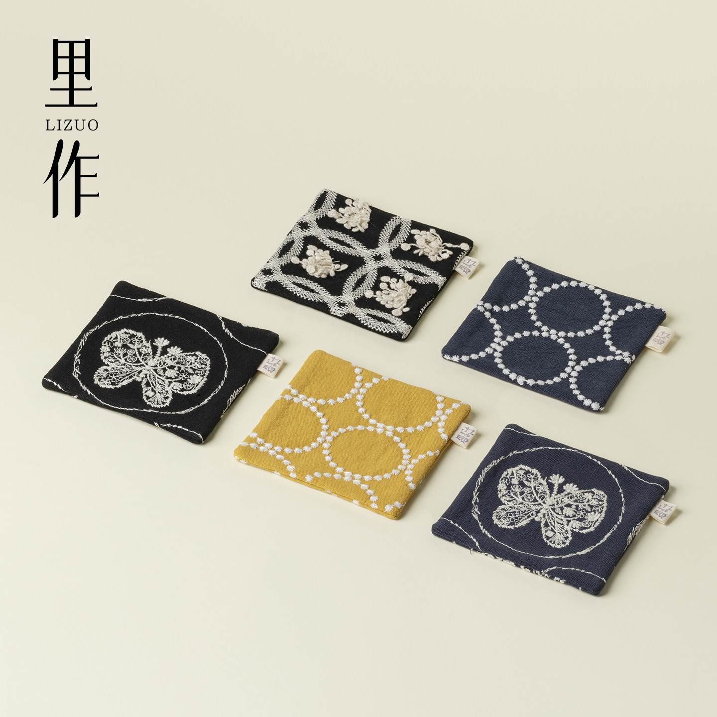 里作棉麻刺绣手工方形杯垫布艺复古双层隔热垫高级感家用茶道配件图片