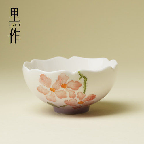 里作高颜值功夫茶具喝茶杯蝴蝶兰手绘品茗杯家用花瓣口陶瓷主人杯