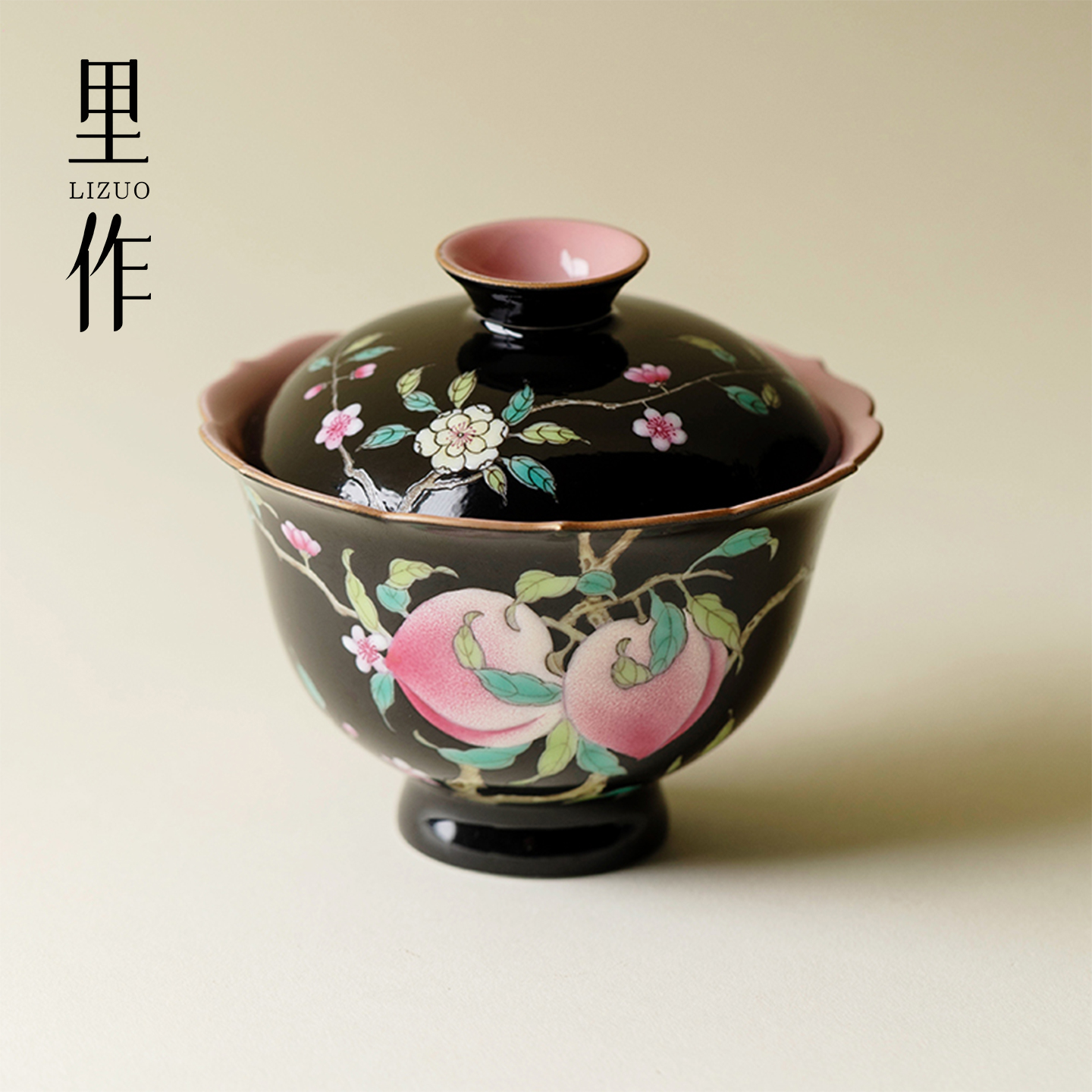 雅同集高端黑地粉桃高脚三桃盖碗茶杯高颜值景德镇茶具粉彩泡茶碗