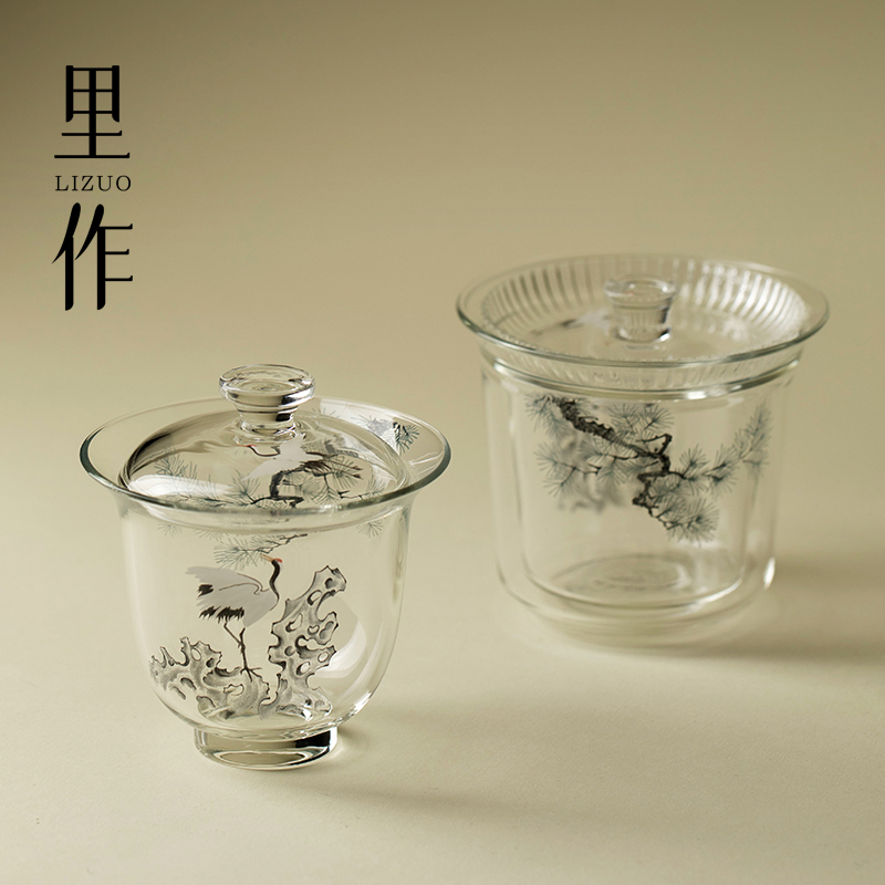 里作中国风墨彩松鹤玻璃盖碗