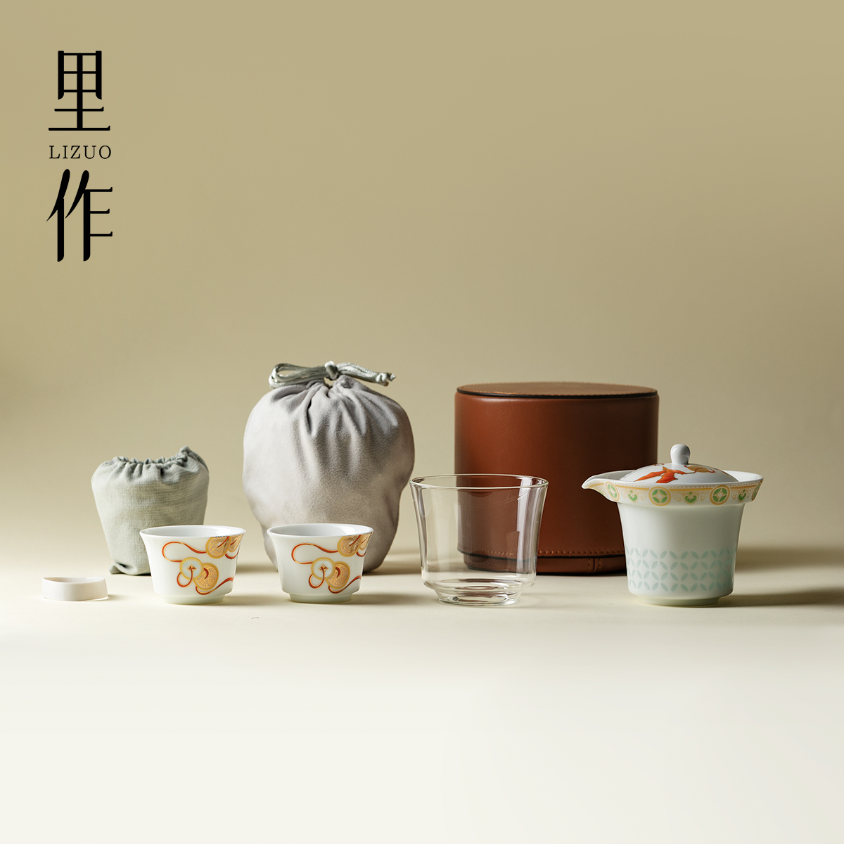里作 便携式旅行茶具套装一壶二杯户外露营泡茶壶茶杯茶具收纳包