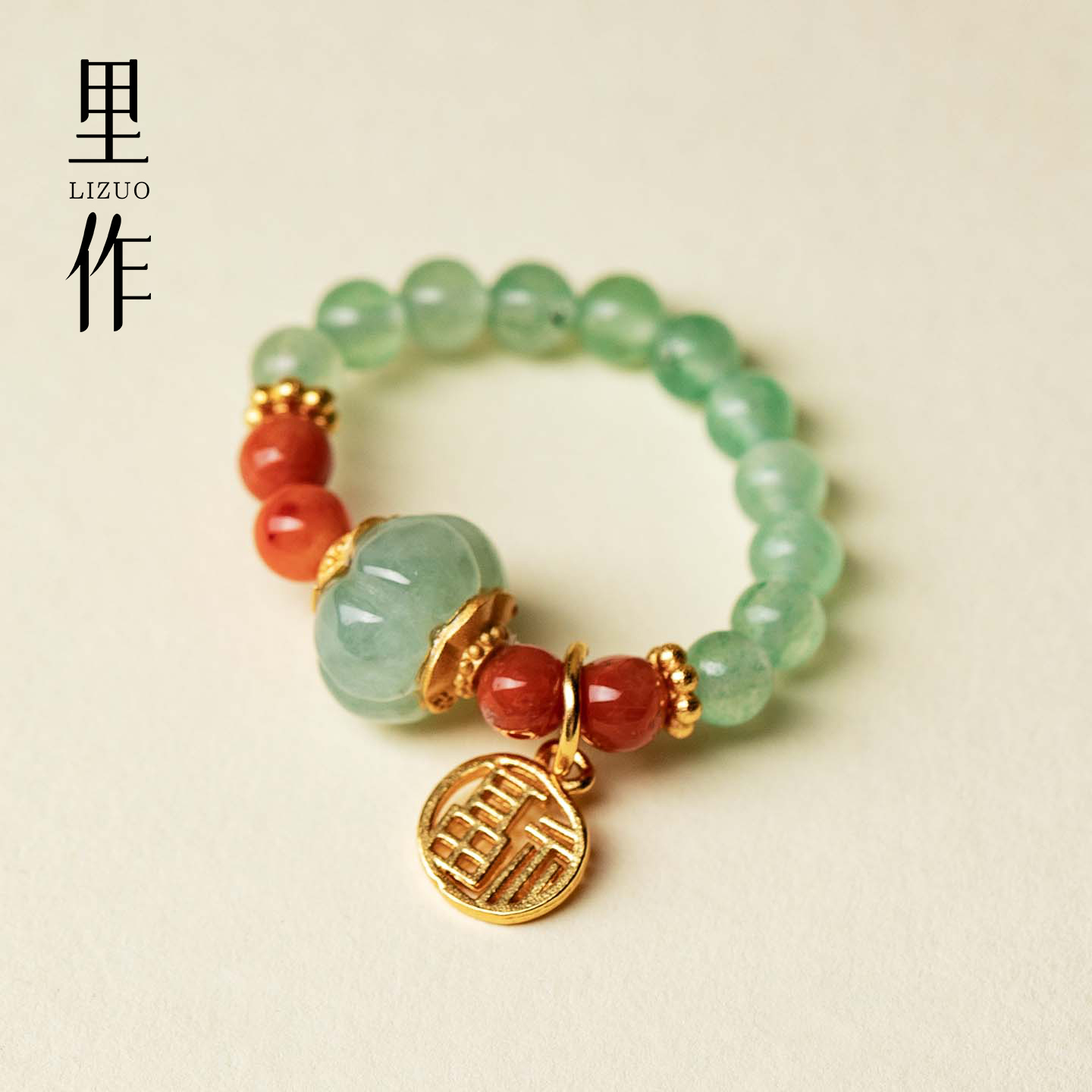 925银镀金南红玉石戒指绿色翡翠