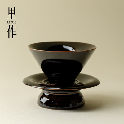 里作 黑金釉斗笠茶盏整套茶杯主人杯套杯染墨诗行高端陶瓷品茗杯